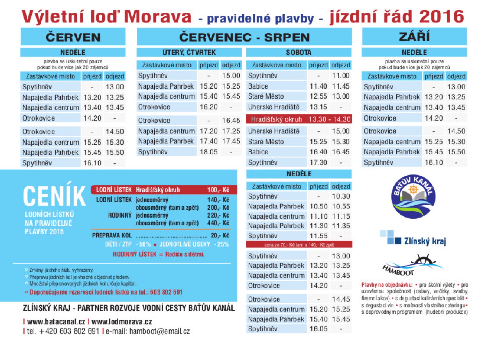 Jízdní řád lodi Morava 2016